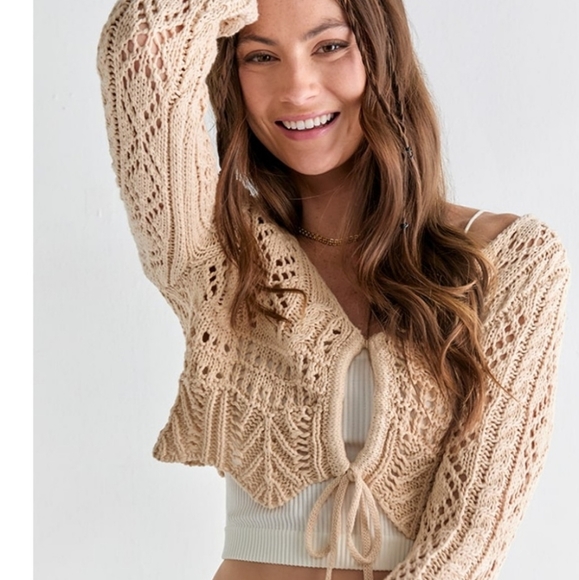 Audrey Park + Francesca's Tan Cropped Crocheted Keyhole Sweater - Picture 2 of 10